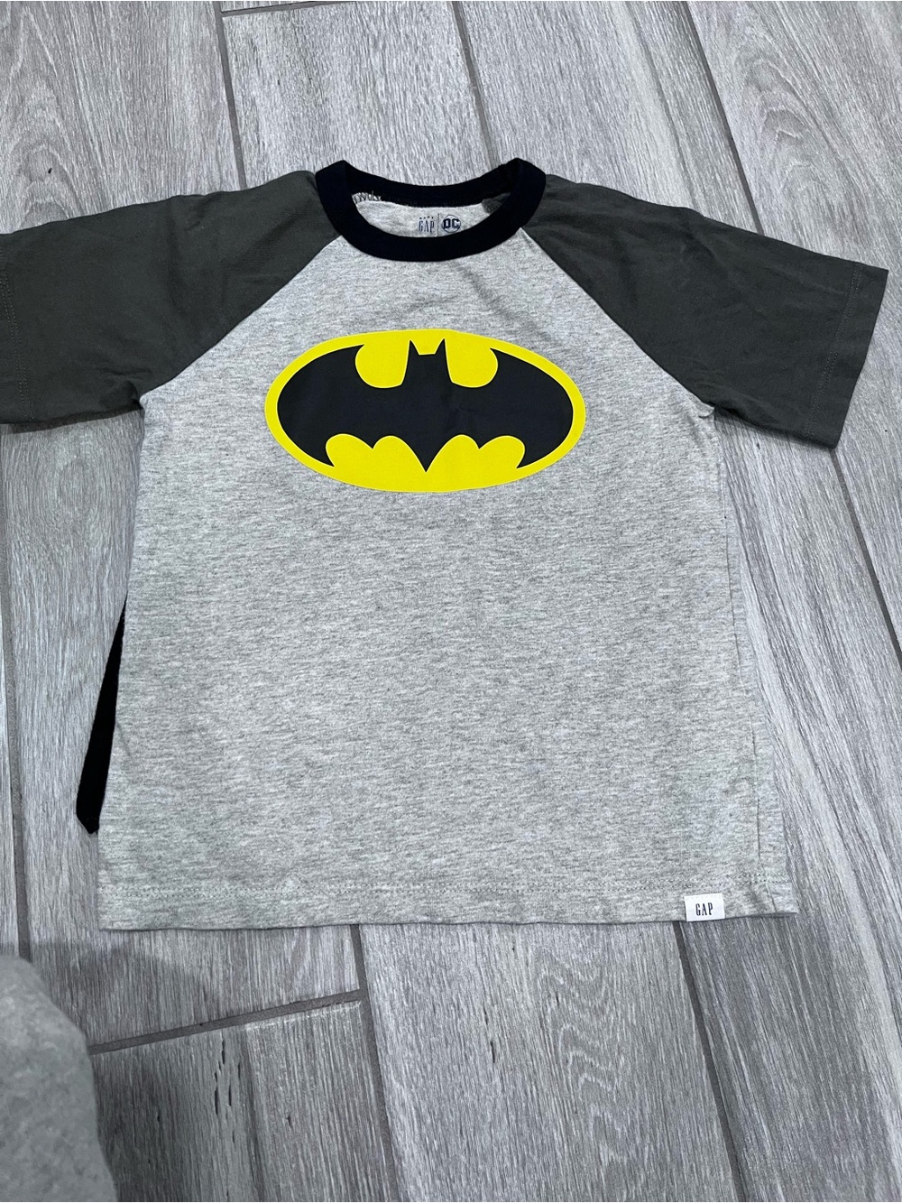 GAP Gray Raglan Tee with Black & Yellow Batman Logo